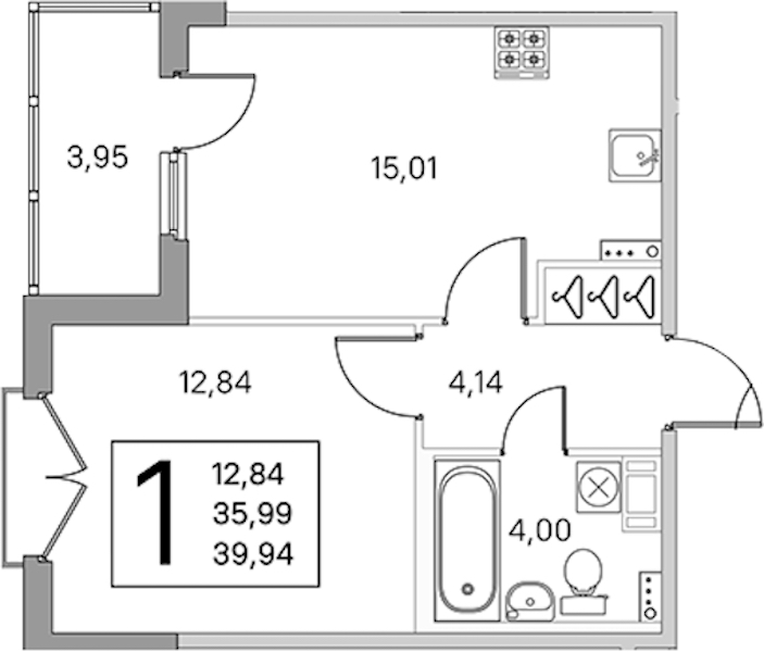 1-комнатная квартира 37.97 м², 3/4 эт., ЖК «Любоград в Стрельне»